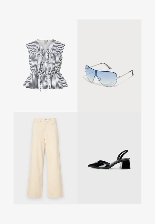 Csíkos peplum felső fehér és fekete színben. V-nyakú, ráncolt részletekkel és masni díszítéssel rendelkezik. Könnyű anyag, texturált felülettel.; Bézs, széles lábú farmernadrág, pamutból készült. Gombos záródással, övhurkokkal és elülső zsebekkel rendelkezik, sima, puha tapintással.; Fekete lakk bőr szandálkés magas sarkú cipő, hegyes orral és geometrikus tömbsarkakkal. Karcsú, minimalista dizájn és sima textúra jellemzi.; Pilóta napszemüveg, melynek áttetsző kék lencséje, ezüst fém kerete és díszes csillag díszítések találhatók a lencsén. Simogató és elegáns dizájn.