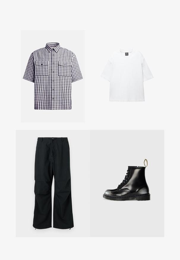 Kurzärmliges kariertes Hemd in Marineblau und Weiß, mit zwei Brusttaschen, Knopfverschluss und klassischem Kragen. Aus Baumwolle.; Weißes T-Shirt mit kurzen Ärmeln aus Baumwolle, das über einen Rundhalsausschnitt und einen lockeren Schnitt mit geradem Saum verfügt. Keine Muster oder Verzierungen.; Schwarze, weit geschnittene Hose mit einem Kordelzugbund und elastischen Säumen. Hergestellt aus leichtem, strukturiertem Stoff. Schlichtes Design.; Schwarze Leder-Ankle-Boots mit glanzfinish, acht Ösen, schwarzen Schnürsenkeln und einer Zuglasche. Mit einer strukturierten, profilierten Sohle.