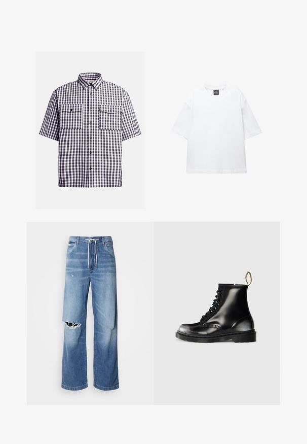 Lyhythihainen ruudullinen paita tummansinisessä ja valkoisessa, jossa on kaksi rintataskua, napp closure ja klassinen kaulus. Puuvillamateriaali.; Valkoinen lyhythihainen T-paita, joka on valmistettu puuvillasta. Paita on pyöreäkauluksinen, väljästi leikattu ja suorahelmainen. Ei kuvioita eikä koristeita.; Vaalean siniset farkut, joissa on avara leikkaus, valkoisella kiristysnauhalla vyötäröllä ja selkeät repeämät etuosassa, jotka paljastavat rispaantuneita reunoja.; Mustat nahka nilkkasaappaat kiiltävällä pinnalla, kahdeksan reikää, mustat nauhat ja vetolenkit. Ominaisuuksiin kuuluu teksturoitu, uritettu pohja.