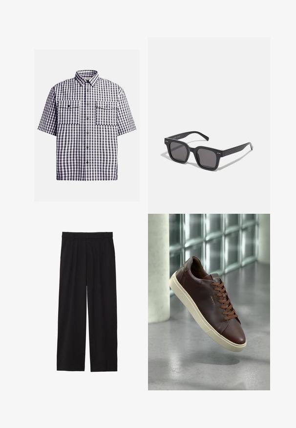 Mėlynai baltos spalvos trumpomis rankovėmis languota marškinėlių, su dviem krūtinės kišenėmis, mygtukų uždarymu ir klasikiniais atlapais. Pagaminta iš medvilnės.; Juodos platėjančios kelnės su pločiu priekiniu raukiniu, šoninėmis kišenėmis ir lygiu audiniu. Sukurtos patogiam prigludimui.; Rudos odos sportbačiai su apvaliu pirštu, rudomis raištelėmis ir kreminės spalvos guma. Skiriamieji ženklai minimalūs, esančių šone.; Juodos stačiakampės saulės akinių su tamsiais lęšiais, turinčiais storą rėmelį, subtilias detales šonuose ir be matomų logotipų, išskyrus prekės pavadinimą.