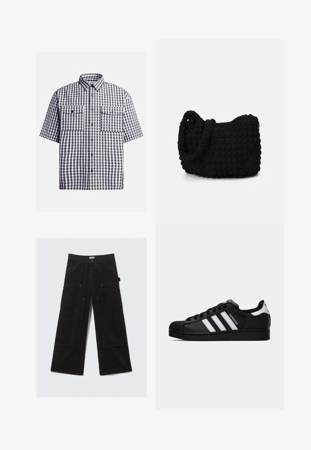 Camicia a maniche corte a quadri in blu navy e bianco, con due tasche sul petto, chiusura con bottoni e colletto classico. Materiale in cotone.; Pantaloni a gamba larga in corda nera con ampie tasche anteriori e passanti per la cintura, dotati di chiusura a bottone e cerniera.; Sneaker nera Adidas Superstar con strisce bianche, punta a conchiglia e testo "Superstar" su un lato, mostrata in profilo laterale su sfondo bianco.; Borsa in tessuto nero con un motivo trapuntato e texture. Forma arrotondata, manici corti e spessi, e una struttura morbida e flessibile.