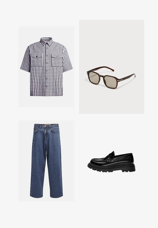 Camicia a maniche corte a quadri in blu navy e bianco, con due tasche sul petto, chiusura con bottoni e colletto classico. Materiale in cotone.; Jeans in denim blu a gamba larga con finitura sbiadita, dotati di chiusura a bottoni, cinque tasche e cuciture in contrasto lungo le cuciture.; Mocassini in pelle nera lucida con una fascia testurizzata, dotati di una robusta suola in gomma nera con scanalature profonde e un design classico.; Occhiali da sole rettangolari marroni con lenti colorate, montatura in plastica e dettagli in metallo sui lati. Presentano un design elegante e una superficie liscia.