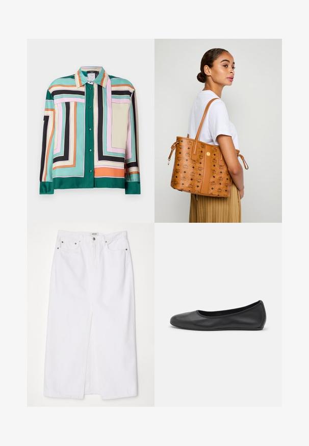 Satinhemd mit geometrischem Muster in Grün, Pink, Schwarz, Beige und Orange. Mit Kragen und langen Ärmeln mit Knopfmanschetten.; Weiße Jeansrock mit einem Schlitz vorne, fünf Taschen-Design, Metallknopf und Reißverschlussverschluss sowie gestickten Saumdetails.; Schwarze Leder-Ballettschuhe mit abgerundeter Spitze, glatter Textur, minimalen Nähdetails und einem flexiblen Sohlen-Design.; Frau in einem weißen Hemd und gestreiften Hosen, die eine beige Leder-Umhängetasche mit schwarzen Logos über ihrer Schulter trägt und seitlich steht.