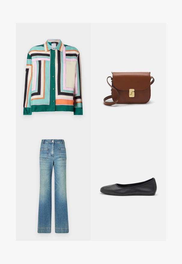 Satin knapstribe skjorte med geometrisk mønster i grøn, pink, sort, beige og orange. Har krave og lange ærmer med knapmanchetter.; Hvid kortærmet t-shirt lavet af ribbet stof. Rund halsudskæring, almindelig pasform og subtile syninger. Ingen mønstre eller grafik.; Lyseblå denim flare jeans med fem lommer, bæltestropper, knaplukning og en let falmet overflade, med en rød logo-detalje på bagsiden.; Sort læderballetsko med rund tå, glat tekstur, minimal syning og et fleksibelt såldesign.; Brun læder håndtaske med flaplukning, hardware i gyldent tone, en skulderrem og en glat overflade. Kompakt rektangulær form.