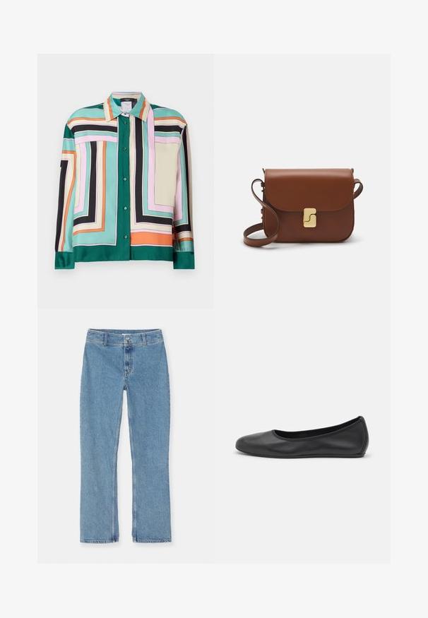 Satiinitakki, jossa on geometrinen kuvio vihreänä, pinkkinä, mustana, beigeenä ja oranssina. Varustettu kauluksella ja pitkillä hihoilla, joissa on napit.; Valkoinen lyhythihainen t-paita, joka on valmistettu ribbytedusta kankaasta. Pyöreä pääntiie, normaali istuvuus ja hienovaraiset ompeluyksityiskohdat. Ei kuvioita tai grafiikkaa.; Vaaleansinisiä suoria farkkuja nappi- ja vetoketj closures, vyölenkit ja tavallinen ommel valkoista taustaa vasten.; Musta nahkainen ballerina, jossa on pyöristetty kärki, sileä pinta, minimaalinen ommelkoristelu ja joustava pohjamuotoilu.; Ruskea nahkainen käsilaukku, jossa on läppäkiinnitys, kultasävyiset yksityiskohdat, olkahihna ja sileä pinta. Kompaktin suorakaiteen muotoinen.