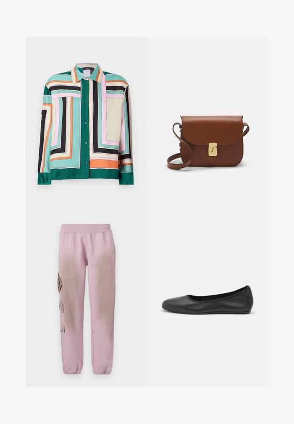 Camicia in satin con bottoni e motivo geometrico nei colori verde, rosa, nero, beige e arancione. Presenta colletto e maniche lunghe con polsini a bottone.; Pantaloni della tuta rosa con vita elastica, caratterizzati da toppe decorative a forma di diamante sul lato sinistro e polsini elastici alle caviglie.; Pantofole da balletto nere in pelle con punta arrotondata, texture liscia, dettagli di cucitura minimi e design con suola flessibile.; Borsa a tracolla in pelle marrone con chiusura a pattina, hardware color oro, tracolla e una finitura liscia. Forma rettangolare compatta.