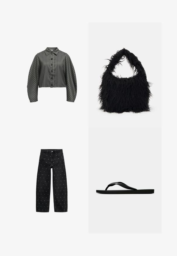 Geknipte, knoopsluiting overhemd in donkergroen met verticale witte strepen, heeft een kraag en volumineuze mouwen, gemaakt van gladde stof.; Zwarte denim wide-leg jeans met een patroon van kleine zilveren oogjes, met een klassieke vijf-pocket design en een knoopsluiting aan de voorkant.; Zwarte rubberen flip-flop sandaal met een getextureerde strap en een eenvoudige platte zool, zijaanzicht op een effen lichte achtergrond.; Even&Odd Shopper - black