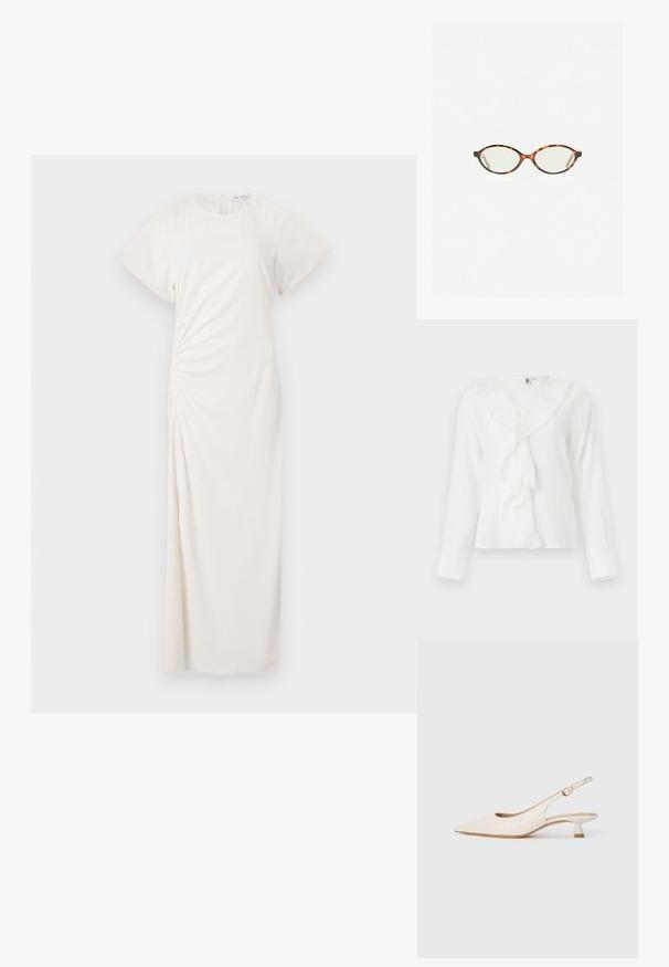 Witte blouse met lange mouwen, een ruches decolleté en een textuur stof. Kenmerken zijn een iets lose pasvorm met opgeknopte mouwen.; Witte jurk met korte mouwen, ronde halslijn en ruches aan de zijkanten; gladde stof met een vloerlange silhouet.; Crèmekleurige puntneus slingback schoen met lage kittenheel en gouden gesp op een effen witte achtergrond.; Kattenoogbril met ovale lenzen en een strakke, gladde afwerking. Heeft dunne zijkanten met een subtiele kromming bij de slapen. Transparante lenzen.