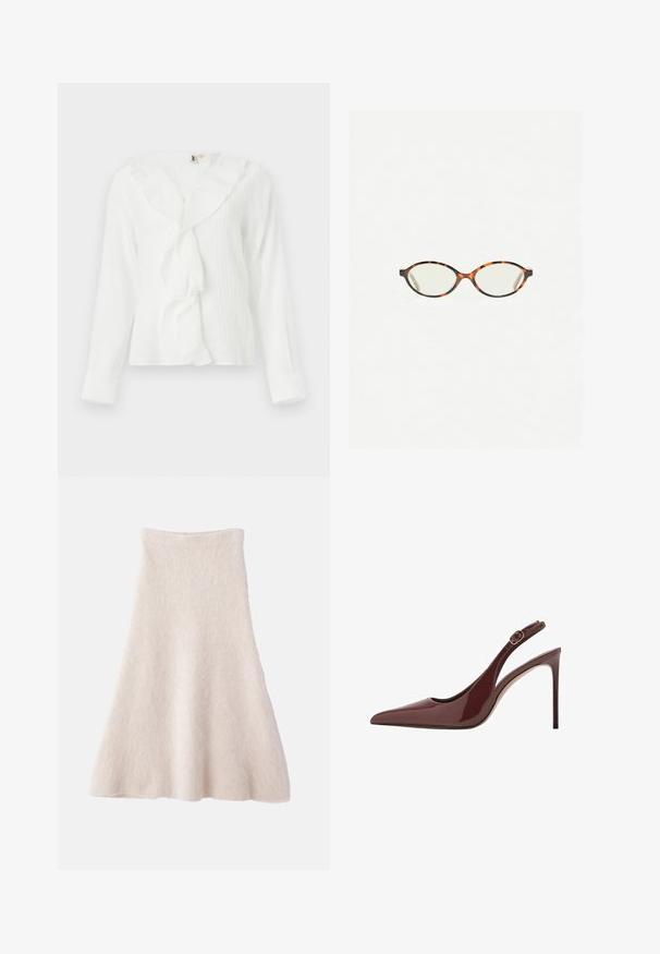 Camicia bianca a maniche lunghe con colletto arricciato e tessuto testurizzato. Presenta una vestibilità leggermente ampia con maniche con polsini.; Una gonna A-line beige chiaro realizzata in un tessuto morbido e testurizzato, con una vita liscia e una silhouette fluida.; Sandal con tacco alto in pelle lucida marrone scuro, punta affusolata, con cinturino regolabile e sottile tacco a stiletto.; Occhiali in tartaruga con lenti ovali e una finitura liscia e elegante. Presentano aste sottili con una leggera curva alle tempie. Lenti trasparenti.