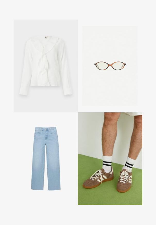 Bluză albă cu mâneci lungi, cu o guleră ondulată și material texturat. Prezintă o croială ușor lejeră și mâneci cu mansete.; Jeans de denim de culoare albastru deschis, cu picioare largi, talie înaltă, croi dreapt și design cu cinci buzunare, având o tiv clar.; Adidași maro din suede cu accente și șireturi albe. Talpă din cauciuc de culoare caramel. Purtați cu șosete albe cu dungi negre. Pardoseală verde texturată.; Ochelari cu ramă din tartan, cu lentile ovale și un finisaj elegant, neted. Prezintă margini subțiri cu o curbură subtilă la tâmple. Lentile clare.; Zign LEATHER - Geantă de pânză - light brown