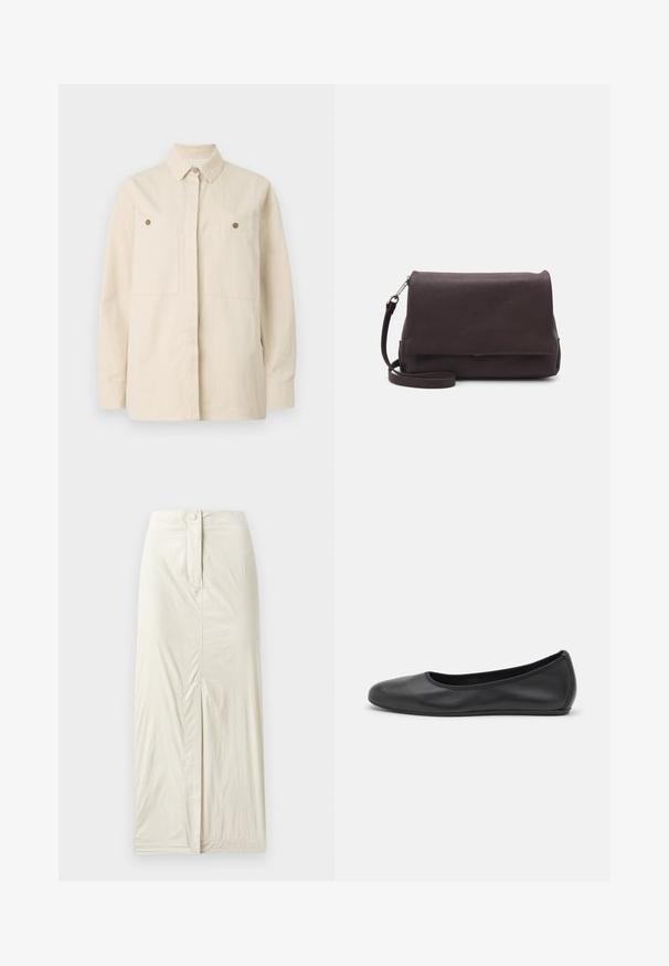 Beige button-up shirt made of cotton with a pointed collar, two front pockets, and brown button accents. Long sleeves with buttoned cuffs.; Light beige, knee-length skirt made of smooth, textured fabric. Features a front slit and a button closure at the waist.; Black leather ballet flat with a rounded toe, smooth texture, minimal stitching detail, and a flexible sole design.; Tiger of Sweden LIMBIATE UNISEX - Cross body bag - pure decadence