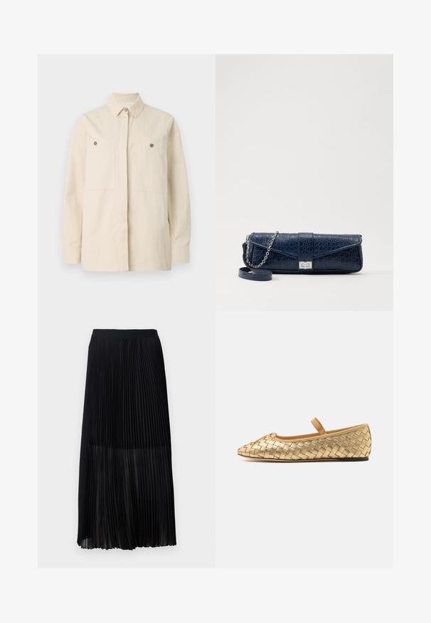 Béžová košile na knoflíky vyrobená z bavlny s špičatým límečkem, dvěma předními kapsami a hnědými knoflíkovými akcenty. Dlouhé rukávy s knoflíkovými manžetami.; Černá plisovaná midi sukně s hladkým elastickým pasem a průhlednou vrstvou, která má jemné vertikální plisování po celé látce.; Loeffler Randall LEONIE SOFT BALLET FLAT - Baleríny s páskem - gold; Námořnická modrá kožená kabelka s krokodýlí texturou, stříbrným řetízkovým popruhem a kovovým zapínáním. Obdélníkový tvar s překlápěcím designem.