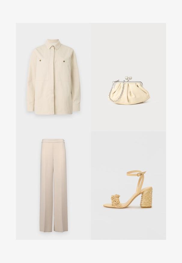 Bež mütsi särk, mis on valmistatud puuvillast, terava kraega, kahe eesmine tasku ja pruunide nööbikaunistustega. Pikad varrukad nööpidega mansettide kohta.; Beežid laiad püksid siledast kangast, kõrge vöökoha ja peente ees volditega. Ilma taskute või nähtavate riistade detailideta.; Beez kõrge kontsaga sandaalid, millel on punutud tekstuur, dekoratiivne lilleke ja pahkluu rihm. Ruudukujuline konts tagab stabiilsuse.; Kortsus beežist nahast kotike, millel on hõbedane metallraam, kaunistatud kahe ümmarguse dekoratiivse lukuga ja hõbedase ketispideme.