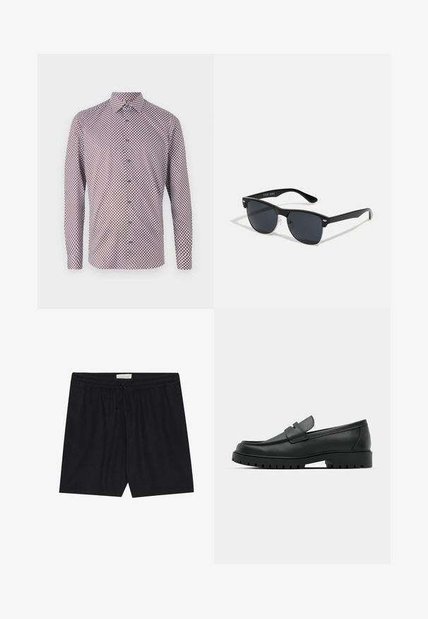 Langarm overhemd in het wit met een geometrisch patroon in rood en marineblauw. Voorzien van een kraag, manchetten en een rechte snit.; Zwarte, elastische shorts met een trekkoord, met een gladde textuur en rechte snit, geschikt voor casual wear.; Zwarte leren instappers met een ronde neus, voorzien van een gestikt ontwerp, een lage platformzool en een gestructureerde, grof rubberen buitenzool.; Zwarte zonnebril met een rechthoekige vorm, donkere lenzen, zilveren accenten bij de slapen en een matte afwerking op het montuur.