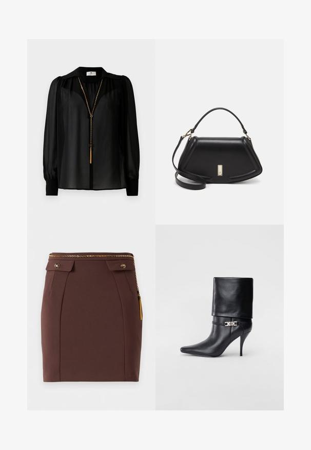 Black sheer long-sleeve blouse with wide collar and gold chain necklace with tassel pendant hanging at the front.; Brown fitted mini skirt with gold chain belt, decorative buttoned flaps, and gold tassel detail on a plain background.; Black leather ankle boot with a pointed toe, high stiletto heel, fold-over cuff, and a gold decorative buckle detail on the ankle.; Black leather handbag with a structured design, featuring a cropped shape, top handle, and gold hardware accent. Adjustable shoulder strap included.