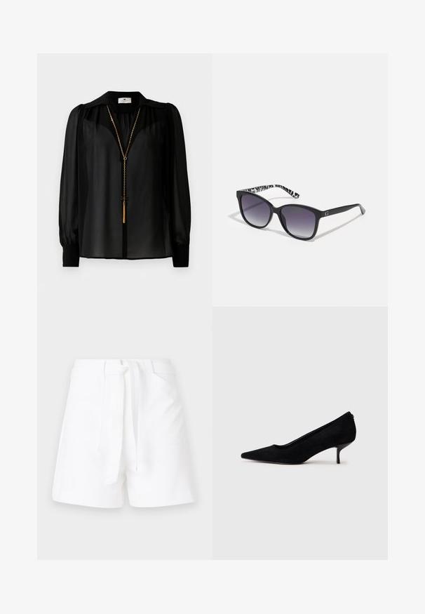 Juoda permatoma ilgomis rankovėmis bliuzė su plačia apykakle ir auksiniu grandininiu kaklo papuošalu su kutu, kabančiu priekyje.; Balti šortai su raišteliu juosmenyje, turintys dvi šonines kišenes ir lygią, tekstūruotą medžiagą. Klasikinis siluetas su tvarkingomis linijomis.; Juodas zomšinis aukštakulnis batus su smailiu kojų pirštu ir plonu, žemu kulnu. Lygi tekstūra su elegantišku dizainu, be matomų metalinių detalių.; Juodos saulės akinius su gradientiniais objektyvais, kvadrato formos, ir tekstūruotu juodai-baltu raštuotu šventiniu šonu. Pabrėžta sidabro logotipo akcentu.
