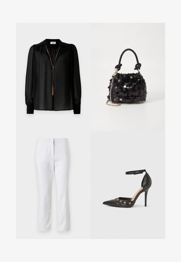 Crna prozirna bluzica dugih rukava sa širokim ovratnikom i zlatnim lančićem s resicom koja visi sprijeda.; Bijele pamučne hlače ravnog kroja, sa strukom srednje visine i bez vidljivih metalnih dijelova ili uzoraka. Glatka tekstura kroz cijelu dužinu.; Crna kožna ženska cipela visoke potpetice s vrhom u špic, narukvicom oko gležnja i ukrasima zlatne boje preko gornjeg dijela. Glatka tekstura.; Crna mini torbica sa šljokicama, s čvorastim teksturiranim remenom i srebrnim lancem. Zaobljenog oblika s naboranim vrhom i reflektivnim detaljima.