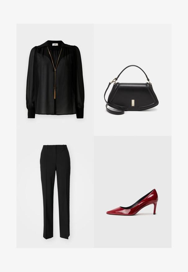 Black sheer long-sleeve blouse with wide collar and gold chain necklace with tassel pendant hanging at the front.; Black tailored trousers with a straight-leg design, featuring a smooth texture and crisp creases along the front. No visible hardware.; Red patent leather high-heeled shoe with a pointed toe and a slim heel. Smooth texture with a glossy finish and black interior lining.; Black leather handbag with a structured design, featuring a cropped shape, top handle, and gold hardware accent. Adjustable shoulder strap included.