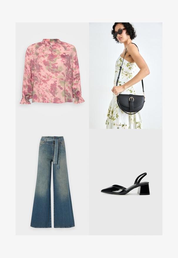 Rosa bluse med blomsterprint i nyanser av grønt og lilla. Den har en rynket halslinning og bølgede mansjetter. Lett materiale.; Bredde ben jeans med en lyseblå til mørkeblå gradient, høyt liv, beltehemper og et matchende belte i samme stoff. Teksturert denimoverflate.; Svarte patentlær slingback hæler med spiss tå og geometrisk blokk hæl. Har et stilrent, minimalistisk design og jevn tekstur.; Svart lærveske med en buet form, avtagbar stropp og gullbeslag. Vesken har et klaff med spenne-detall.