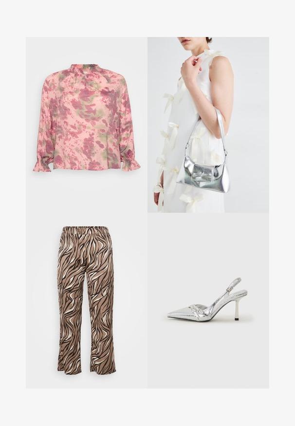 Ružový blúz s kvetinovým vzorom v odtieňoch zelenej a fialovej. Má zružkovaný výstrih a volánové manžety. Ľahký materiál.; Hnedé a krémové nohavice so zebrovaným vzorom s elastickým pásom, s voľným strihom a hladkým textilným povrchom.; Strieborné slingback lodičky na vysokom opätku s špicatou špičkou, metalickým povrchom, dvoma dekoratívnymi pruhmi a štíhlym opätkom s čiernym hrotom.; Strieborná metalická kabelka so štruktúrovaným tvarom, ktorá má hornú rukoväť a mašľu na prednej strane. Hladká textúra, reflexný povrch.