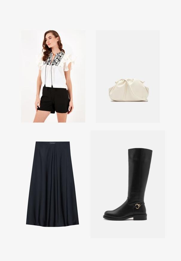 Biała bluzka z falbaniastego rękawa, czarną haftowaną florą i wiązaniami na dole szyi. Połączona z czarnymi szortami.; Czarna spódnica do kolan, wykonana z lekkiego materiału o zwiewnym kroju. Charakteryzuje się gładką fakturą i subtelnymi fałdami dla dodatkowego detalu.; Anna Field Wide Fit - Kozaki; Kremowa, miękka torba z sztucznej skóry o marszczonym wzorze, z regulowanym paskiem i subtelnym zapięciem na sznurek. Gładka faktura i zaokrąglony kształt.