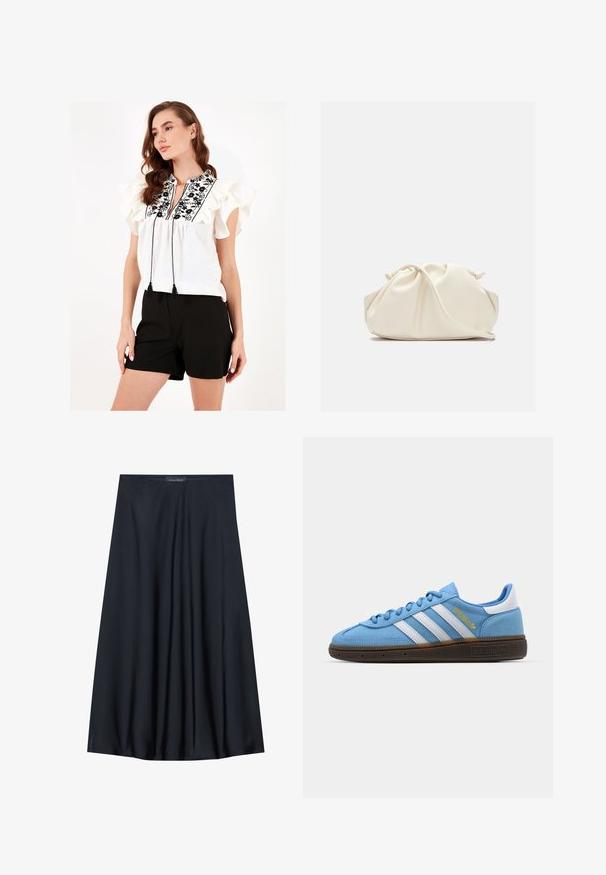 Balta blūze ar viļņota piedurknēm, melna ziedu izšuvuma, un ar pušķiem kaklā. Apvienota ar melnām šortiem.; Melna, uz ceļa garuma svārku izgatavota no viegla auduma ar plūstošu dizainu. Ir gluda tekstūra un smalkas krokas papildu detaļām.; Gaiši zili zamšveidīgi sporta apavi ar baltām ādas strīpām, brūnu teksturētu zoli un zelta logotipu. Zema modeļa dizains ar noapaļotu purngalu.; Krēmkrāsas, mīksta mākslīgā āda, soma ar pulcēta dizaina, regulējamu jostu un diskrētu aukliņu aizdari. Gluda tekstūra un noapaļota forma.