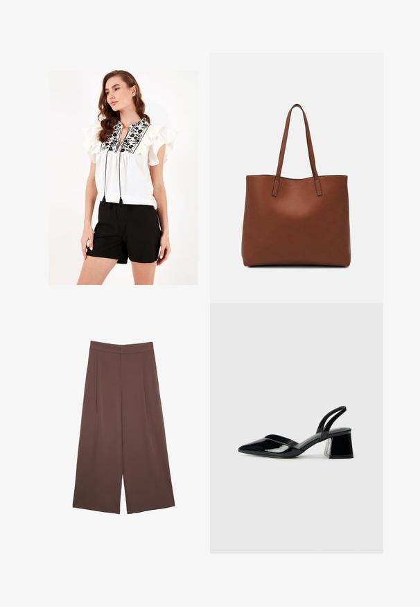 White blouse with ruffled sleeves, black floral embroidery, and tassel ties at the neck. Paired with black shorts.; Brown wide-leg trousers with a smooth texture, featuring a high waist and front pleats. The fabric is lightweight and flows loosely.; Black patent leather slingback heels with a pointed toe and a geometric block heel. Features a sleek, minimal design and smooth texture.; Brown leather tote bag with a smooth texture, open top design, and two shoulder straps. Features minimal stitching and no visible hardware.