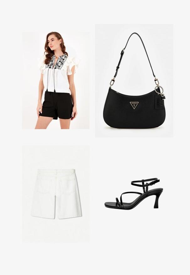 Weiße Bluse mit Rüschensäumen, schwarzer Blumenstickerei und Quastenbändern am Hals. Kombiniert mit schwarzen Shorts.; Weiße Denim-Shorts mit einem geraden Schnitt, hoher Taille, zwei Gesäßtaschen und dezenten Steppnähten.; Schwarze Leder-Sandalen mit Absatz, ausgestattet mit dünnen Riemen, einer quadratischen Zehenpartie und einem Stiletto-Absatz. Verstellbarer Knöchelriemen für eine optimale Passform. Glatte Textur.; Schwarze synthetische Schultertasche mit geschwungenem Silhouette, strukturiertem Finish, goldenem Dreiecks-Logo und abnehmbaren Hardware-Akzenten.