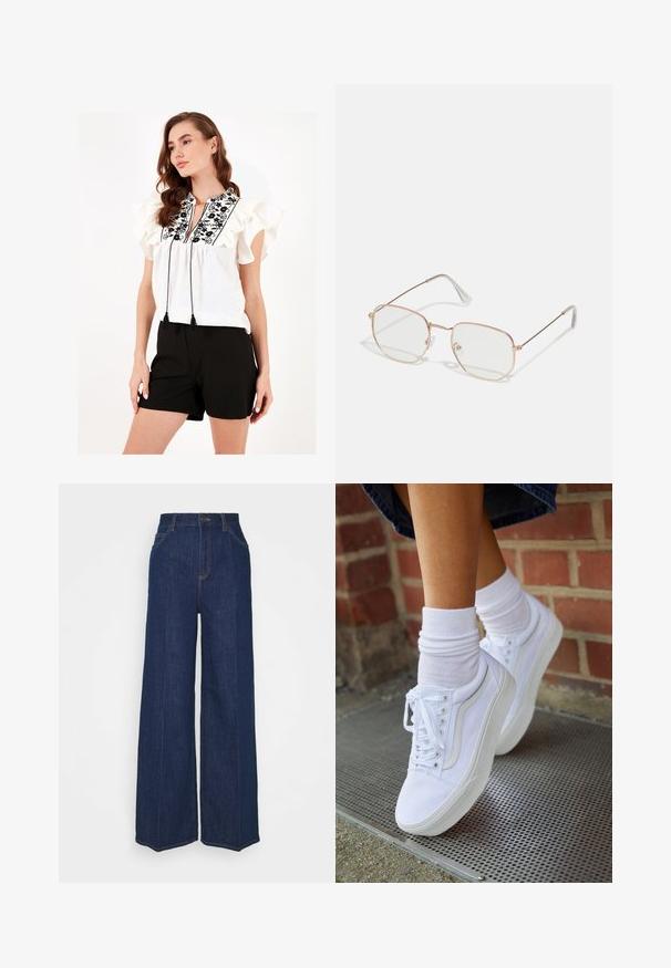 Blouse blanche avec des manches volantes, broderie florale noire et liens à pompons au cou. Associée avec un short noir.; Jean en denim bleu foncé à taille haute et jambes larges, avec poches avant et arrière, fermeture à bouton et coutures visibles.; Baskets en toile blanches avec semelles en caoutchouc, dotées de six œillets, d'un bout rond et de détails de couture légers, portées avec des chaussettes blanches mi-mollet.; Lunettes rectangulaires avec une fine monture en métal rose doré. Verres transparents, embouts de tempes transparents et détails délicats autour des verres.