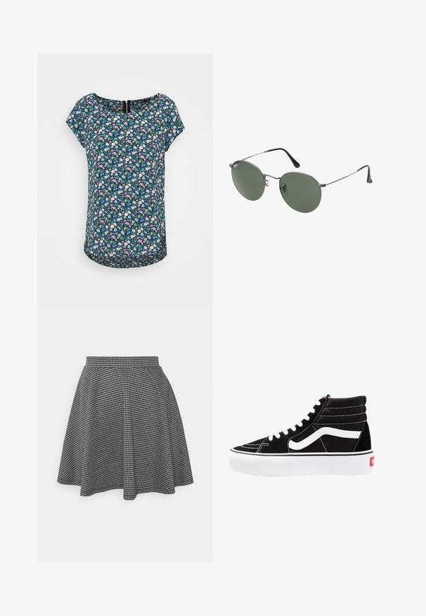 ONLY ONLVIC AOP - T-shirt estampada - black; Saia de patinadora em preto e branco com padrão quadriculado, com uma cintura ajustada e hem em evasê, feita de um tecido texturizado que exibe um padrão clássico.; Tênis altos pretos com cadarços brancos, um logo branco e costuras brancas contrastantes. Apresenta uma sola branca grossa e um cabedal em camurça texturizada.; Óculos de sol com armação metálica e lentes verdes ovais. Armação fina em metal prateado e pontas das orelhas pretas. Design minimalista, sem logótipos visíveis.