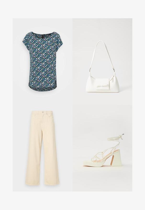 ONLY ONLVIC AOP - T-shirt estampada - black; Jeans de perna larga bege feitos de algodão. Apresentam um fecho de botão, passadores para cinto e bolsos frontais com uma textura lisa e suave.; Sandálias brancas de salto alto com um salto robusto, apresentando um design com tiras e amarração no tornozelo. Textura suave com uma plataforma na frente para altura adicional.; Mala sintética branca com formato triangular, aba frontal plana e detalhe de laço, alça ajustável, textura suave e design minimalista.