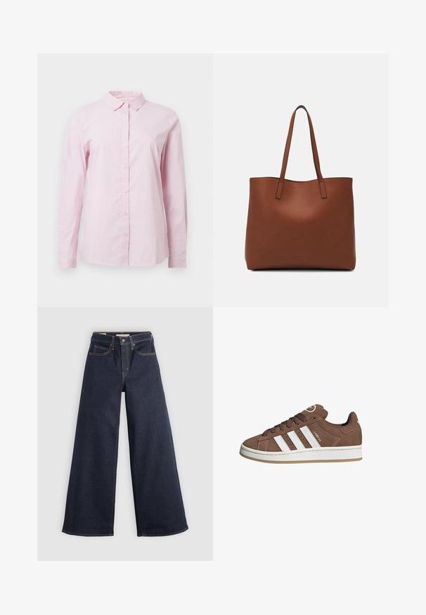 Camisa de botones a rayas rosas con cuello, mangas largas y cierre frontal de botones. Hecha de una tela ligera con una textura suave.; Jeans de denim de pierna ancha en azul oscuro con costuras en contraste. Presenta un diseño tradicional de cinco bolsillos y un cierre de botón en la cintura.; Zapatillas de ante marrón con rayas de cuero blanco, suela de goma, puntera redondeada y cierre de cordones. Presenta un logo en la lengüeta y acentos perforados.; Bolso tote de cuero marrón con una textura suave, diseño de apertura superior y dos correas para el hombro. Presenta una costura mínima y sin herrajes visibles.
