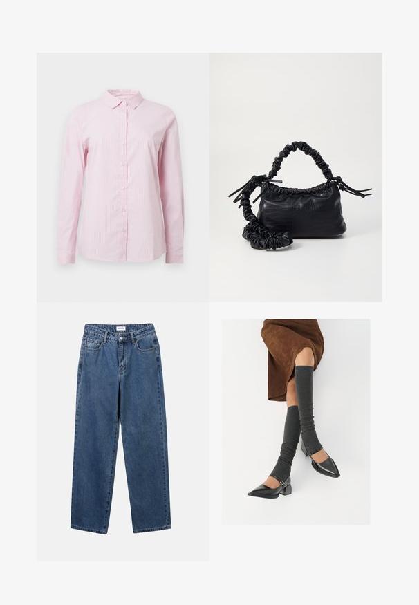 Roze gestreepte overhemden met knoopsluiting, een kraag en lange mouwen. Gemaakt van lichtgewicht stof met een gladde textuur.; Klassieke blauwe denim jeans met een rechte pijp, vijf zakken en een knoopsluiting. Heeft een middelgrote wasbeurt en stevige textuur.; Zwarte gepatineerde leren pumps met een puntige neus, een blokhak en een enkelbandje, gecombineerd met grijze geribde beenwarmers en een bruine suède rok.; Zwarte nepleer handtas met een krokodillenstructuur, opgedroogde bovenkant en een gekreukte hengsel. Het lijkt zacht en compact van ontwerp.