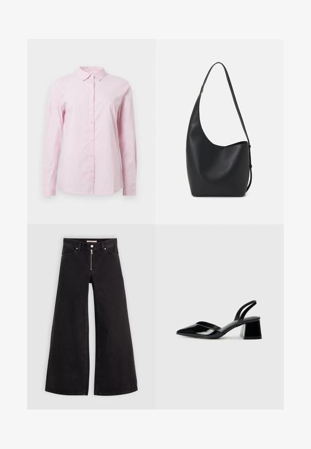 Roze gestreepte overhemden met knoopsluiting, een kraag en lange mouwen. Gemaakt van lichtgewicht stof met een gladde textuur.; Wijdvallende jeans van zwarte denim met een ritssluiting aan de voorkant, vijf zakken en subtiele stikdetails. Soepele textuur en casual stijl.; Zwarte gepatineerde leren slingback hakken met een spitse neus en een geometrische blokhak. Kenmerkt zich door een slank, minimalistisch ontwerp en een gladde textuur.; Zwarte leren hobo tas met een gladde textuur, kromme vorm en een enkele verstelbare schouderband; heeft een brede opening aan de bovenkant.
