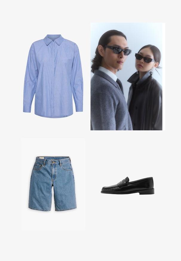 Long-sleeve shirt made of cotton, featuring a blue and white striped pattern, classic collar, button-down front, and relaxed fit.; Blue denim shorts featuring a classic five-pocket design, a zip fly with a button closure, and frayed hem edges.; Black leather loafer with a curved silhouette, decorative strap, textured stitching, and a flat rubber sole. Smooth finish and sleek design.; Sunglasses with angular black frames on model with a gray sweater, showcasing textured knit and a black leather jacket worn by another model.