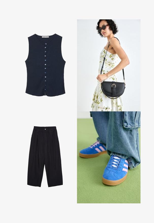 Marineblaues ärmelloses Oberteil aus strukturiertem Stoff, mit einem runden Ausschnitt und einer Vorderseite mit neun blauen Knöpfen.; Schwarze Polyester-Culotte mit einem elastischen Bund, zwei vorderen Falten und einer lockeren Silhouette. Keine sichtbaren Muster oder Hardware-Details.; Blaue Wildlederschuhe mit rosa Streifen und weißen Schnürsenkeln, ausgestattet mit einer Gummisohle, kombiniert mit lockeren Jeanshosen auf einer grünen Fläche.; Schwarze Lederhandtasche mit geschwungener Form, abnehmbarem Tragegurt und goldenen Beschlägen. Die Tasche verfügt über einen Deckel mit einer Schnallen-Details.