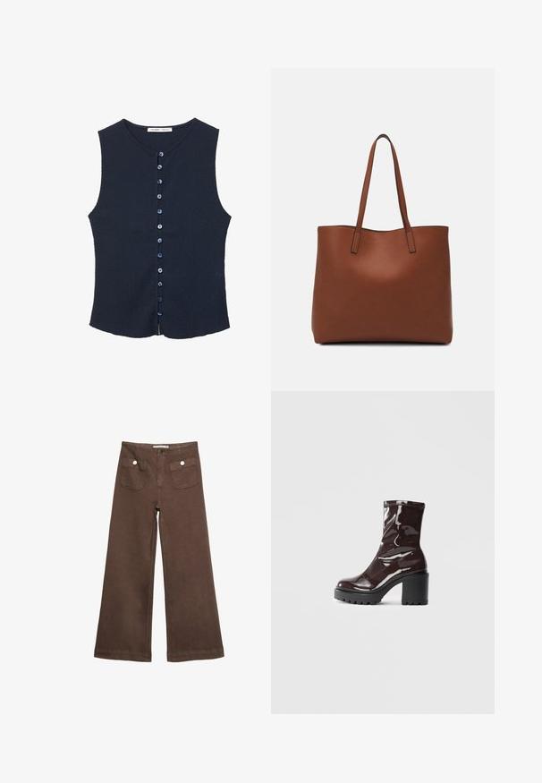 Top senza maniche di colore blu navy realizzato in tessuto testurizzato, con scollatura rotonda e una patta frontale con nove bottoni blu.; Pantaloni larghi marroni in cotone, con due tasche frontali decorate da bottoni argentati e una texture liscia.; Stivale alla caviglia bordeaux lucido con un tacco spesso nero, caratterizzato da una superficie liscia e un design semplice. Nessuna chiusura visibile o motivo.; Borsa tote in pelle marrone con texture liscia, design con apertura superiore e due spallacci. Presenta cuciture minime e nessun hardware visibile.
