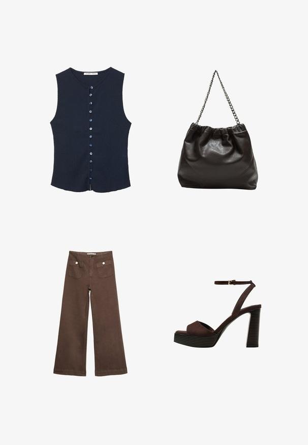 Granatowy bezrękawnik z fakturowanej tkaniny, z okrągłym dekoltem oraz przodem zapinanym na dziewięć niebieskich guzików.; Czerwone spodnie typu wide-leg wykonane z bawełny, z dwoma przednimi kieszeniami zapinanymi na srebrne guziki oraz gładką fakturą.; Brązowe zamszowe sandały na wysokim obcasie z odkrytymi palcami, regulowanym paskiem na kostce i paskowatą podeszwą.; Brązowa skórzana torba z marszczonym szczytem i łańcuszkowym paskiem. Gładka tekstura z błyszczącym wykończeniem i subtelnymi detalami szwów po bokach.