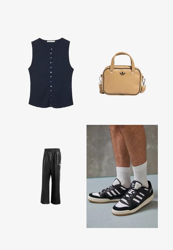 Top senza maniche di colore blu navy realizzato in tessuto testurizzato, con scollatura rotonda e una patta frontale con nove bottoni blu.; Pantaloni da corsa neri in materiale sintetico con vita elasticizzata, caratterizzati da strisce laterali bianche e un piccolo logo bianco sull'anca sinistra.; Sneaker bianco e nero con tomaia in suede e pelle, caratterizzati da tre strisce bianche, punta perforata e suola in gomma naturale.; Borsa in ecopelle color tan con due manici, tracolla removibile, cuciture nere a contrasto e un piccolo logo nero sul davanti.