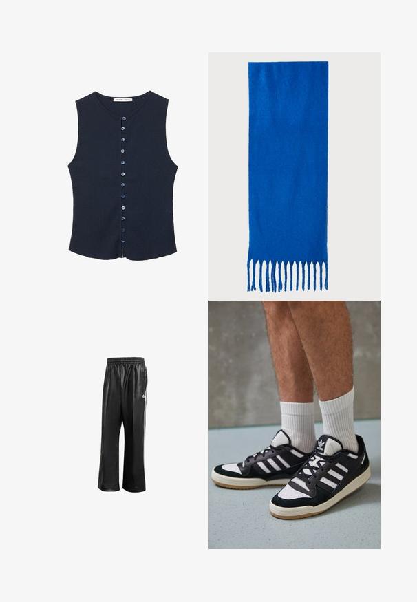 Sötétkék, ujjatlan top, texturált anyagból készült, lekerekített nyakkivágással és elülső gombolással, kilenc kék gombbal.; Fekete szintetikus tréningnadrág elasztikus derékkal, fehér oldalcsíkokkal és egy kis fehér logóval a bal csípőn.; Fekete-fehér tornacipők velúr és bőr felsőrésszel, három fehér csíkkal, perforált orral és gumi talppal.; Kék, rojtos sál puha anyagból; egyszínű, texturált felülettel rendelkezik, az alján pedig egyenletesen vágott rojttal van ellátva.