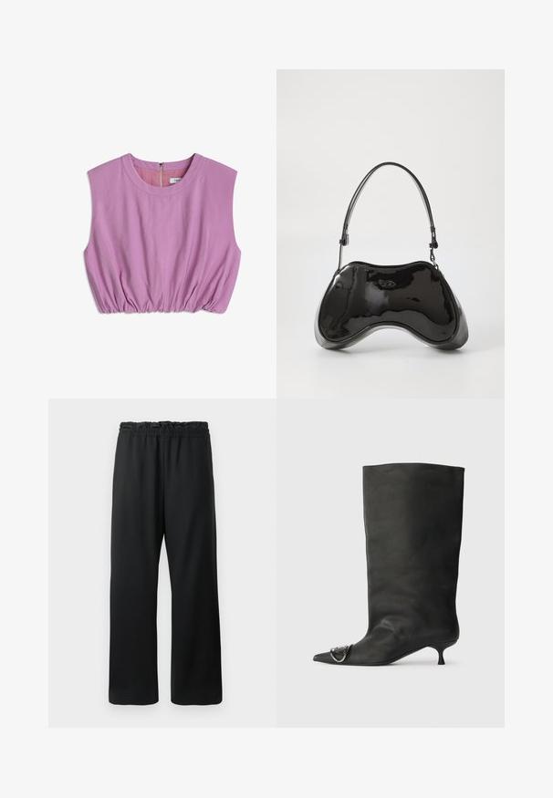 Haut à manches courtes de couleur rose clair avec un col rond et des détails plissés à l'ourlet. Présente une fermeture éclair dans le dos. Texture de tissu douce.; Pantalons noirs avec une coupe large, taille élastique avec cordon de serrage et tissu lisse et léger. Comprend des poches latérales.; Bottines en cuir noir à bout pointu, petite talon et détail métallique sur le bout. Texture lisse et mate partout.; Sac à main en cuir verni noir avec une forme incurvée unique, une anse courte et ajustable, et une fermeture zippée. Texture lisse avec un branding discret.