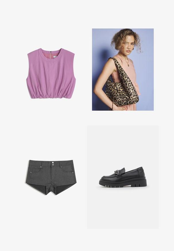 Kurzärmliges, hellrosa Oberteil mit rundem Ausschnitt und gerafften Details am Saum. Verfügt über einen Reißverschluss auf der Rückseite. Weiche Stofftextur.; Graue Denim-Shorts mit zwei Vordertaschen, doppelten vorderen Knöpfen und einer taillierten Passform. Der Stoff hat eine glatte Textur.; Schwarze Slipper-Schuhe im Loafer-Stil mit einer klobigen Plateausohle, glattem Lederobermaterial, dekorativem Kettenakzent und leichtem Absatz mit eingekerbtem Detail.; Frau mit lockigem Haar, die ein pinkes ärmelloses Oberteil und eine goldene Herz-Halskette trägt, während sie eine große Schultertasche mit Leopardenmuster trägt.