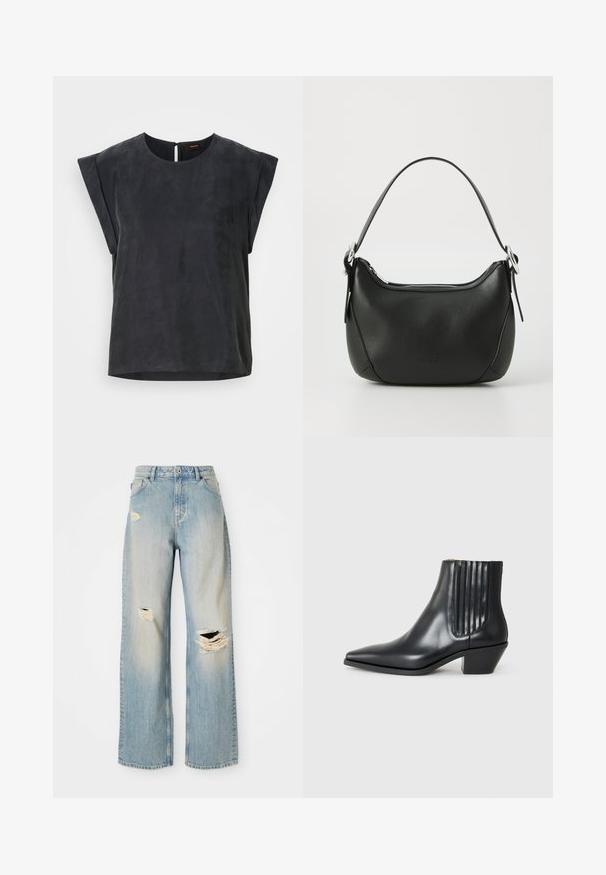 Černý krátký rukáv top s kulatým výstřihem a minimalistickým designem. Hladká textura s jemným leskem, obsahuje zapínání na klíčovou díru na zádech.; Světle modré džíny rovného střihu s vysokým pasem, poutky na opasek a opotřebenými roztrženinami na levém stehně, pravém koleni a dolní části levé nohy.; Černá kožená kotníková bota s špičatou špičkou, elastickými bočními panely s vertikálními drážkami a nízkým blokovým podpatkem. Hladká textura a elegantní design.; Černá kožená kabelka s zakřiveným tvarem, stříbrným zipem a krátkým uchem. Na přední straně se nachází nenápadné logo a má hladkou texturu.