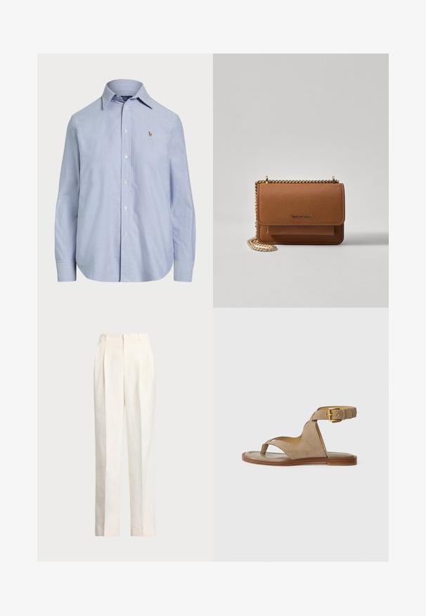 Světle modrá košile na knoflíky vyrobená z bavlny, s klasickým límečkem, dlouhými rukávy a malým vyšitým logem na hrudi.; Polo Ralph Lauren HEMP WIDE LEG PANT - Kalhoty - nevis; Krémová semišová sandála s prstovým poutkem, otevřenými stranami a širokým kotníkovým páskem se zlatou sponou. Plná hnědá podrážka s mírným okrajem.; Hnědá texturovaná kožená kabelka přes rameno se zlatým řetízkovým popruhem a klopnovým uzavíráním. Přední strana obsahuje detail loga a kapsu pod klopou.