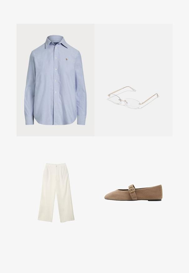Jasnoniebieska koszula z długim rękawem wykonana z bawełny, z klasycznym kołnierzykiem i małym haftowanym logo na piersi.; Spodnie z szerokimi nogawkami w kremowej tkaninie o gładkiej fakturze, z pojedynczym guzikiem z przodu, subtelnymi plisami i wysokim stanem.; Beżowe zamszowe buty płaskie z ostro zakończonym noskiem i regulowanym paskiem z metalowym klamrem po stronie zapięcia.; Złote metalowe okulary z owalnymi soczewkami, cienkimi zausznikami i przezroczystymi noskami. Posiadają subtelne akcenty zawiasów oraz przezroczyste soczewki.; Żółta torebka z faux-krokodylka o wyrafinowanej konstrukcji, z górnym uchwytem, odpinanym łańcuszkiem oraz dekoracyjnym kryształowym zdobieniem na zapięciu.