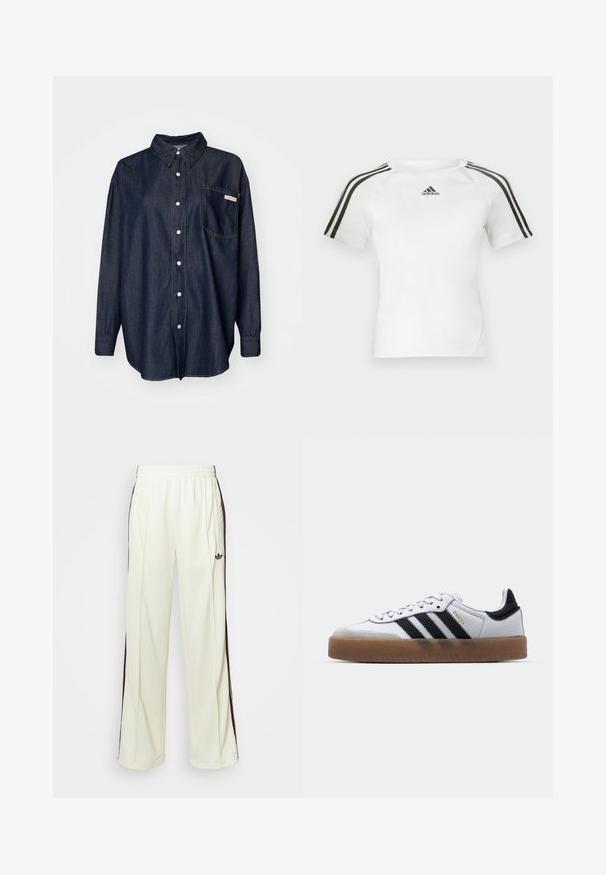 Sötét farmer gombos ing, álló gallérral, hosszú ujjú, egyetlen mellzsebbel és fehér varrási részletekkel.; Fehér, rövid ujjú sportpóló, fekete háromsávos dizájnnal a vállakon, sima tapsztat, és egy kis fekete adidas logóval a mellkason.; Krémszínű, laza szabású melegítőnadrág, sötétbarna oldalsávokkal és hímzett logóval a bal combon.; Fehér bőr sportcipők fekete csíkokkal, gumiabroncsos talppal, kerek orral, fűzős záródással és puha szürke velúr orrésszel.