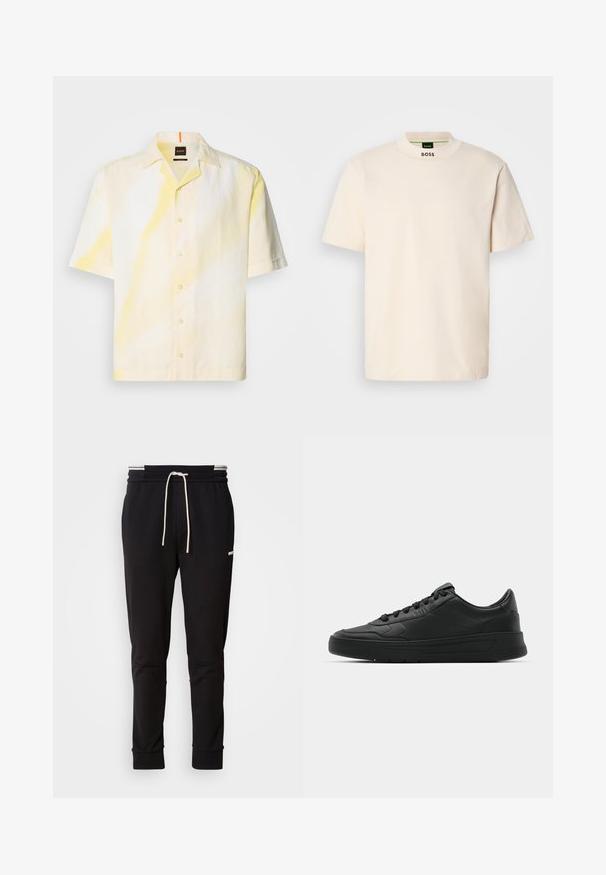 Short-sleeve shirt made of light fabric, featuring a yellow and white tie-dye pattern with a button-down front and a camp collar.; Cream-colored short-sleeve T-shirt with a high collar, featuring "BOSS" printed in black on the front neck and inside label.; Black slim-fit jogger pants with white drawstring, ribbed cuffs, and subtle logo on the upper thigh against a plain background.; Black sneaker with smooth leather upper, round toe, flat laces, cushioned collar, and minimalistic design. Rubber sole with subtle tread pattern.