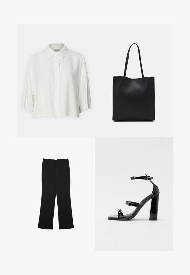 Valkoinen lyhythihainen paita, jossa on kauluskot ja napitus edessä, rento leikkaus ja kevyestä, sileästä kankaasta valmistettu.; Mustat housut suoralinjaisella leikkauksella, joissa on etutaskut ja sivurei'ät helman alla. Valmistettu pehmeästä ja sileästä kankaasta. Sopii eri tilaisuuksiin.; Musta kiiltävä korkokenkä sandaalit neliönmuotoisella varpaalla, nilkkaremmillä ja hopeisilla soljilla. Varustettu tukevalla lohkokorkealla vakauden takaamiseksi.; Mustapahkainen kangaskassi, jossa on sileä pinta, suorakaiteen muotoinen ja kaksi pitkää kahvaa. Ei näkyvää metalliosaa tai koristeita.