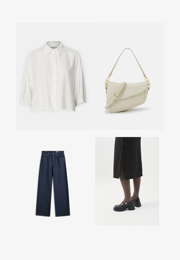 Blusa bianca a maniche corte con colletto, chiusura frontale con bottoni e vestibilità comoda, realizzata in un tessuto leggero e liscio.; Jeans a gamba larga in denim scuro con cinque tasche, cuciture visibili e chiusura con bottone. Presentano una vestibilità dritta e leggere abrasioni.; Scarpe in pelle nera con punta arrotondata, tacco spesso a blocco e accenti laterali in elastico, abbinate a collant scuri e una gonna nera con uno spacco.; Piccola borsa a tracolla crema con finitura testurizzata, una lunga tracolla regolabile, un accento a catena e chiusura a patta. Dettagli in hardware dorato.