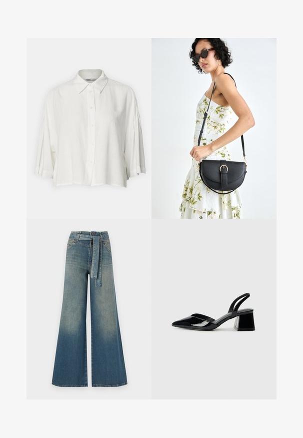 White short-sleeve blouse with a collared neck, button front closure, and a relaxed fit, made from a lightweight, smooth fabric.; Wide-leg denim trousers featuring a light to dark blue gradient, high waist, belt loops, and a matching fabric belt. Textured denim finish.; Black patent leather slingback heels with a pointed toe and a geometric block heel. Features a sleek, minimal design and smooth texture.; Black leather handbag with a curved shape, detachable strap, and gold hardware. The bag features a flap with a buckle detail.